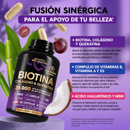 Biotin | Colágeno | Queratina (Frasco 60 Cápsulas)